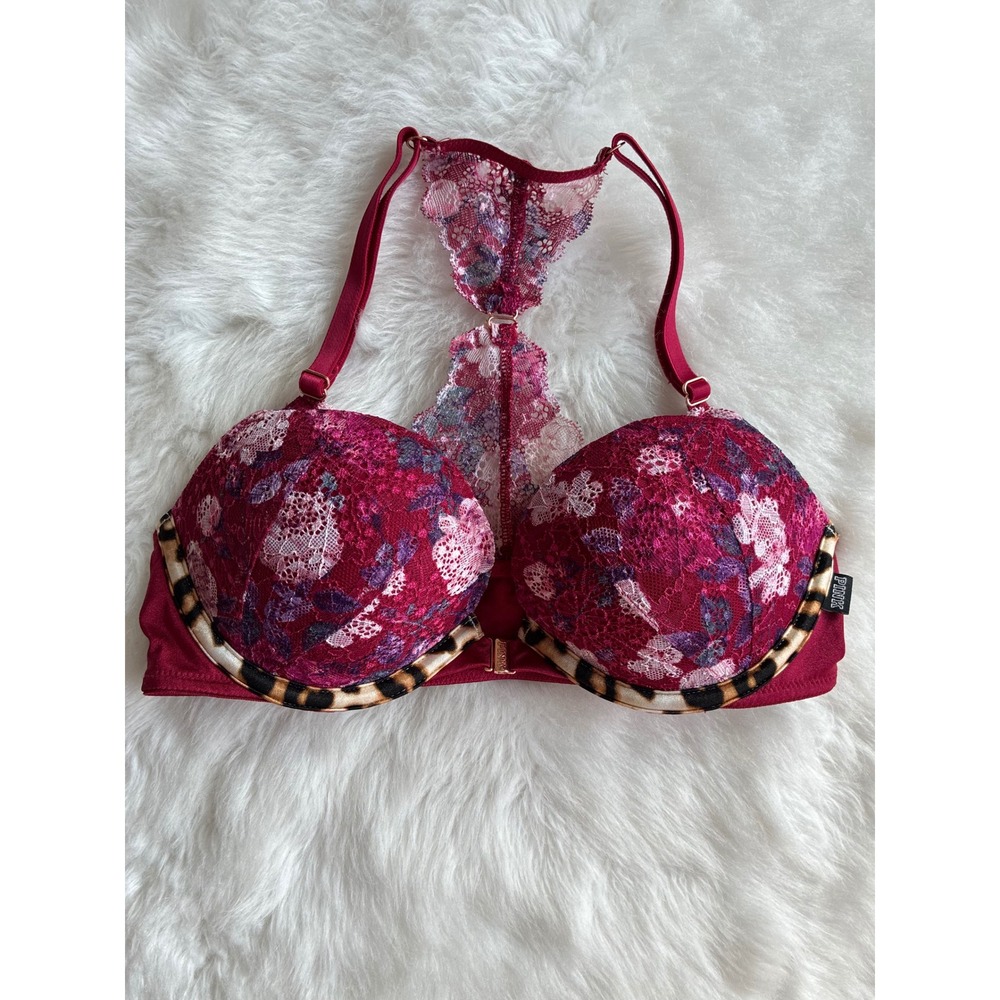 Victoria's Secret PINK Date Push Up‎ Lace Bra Animal Print Trim Raspberry Floral